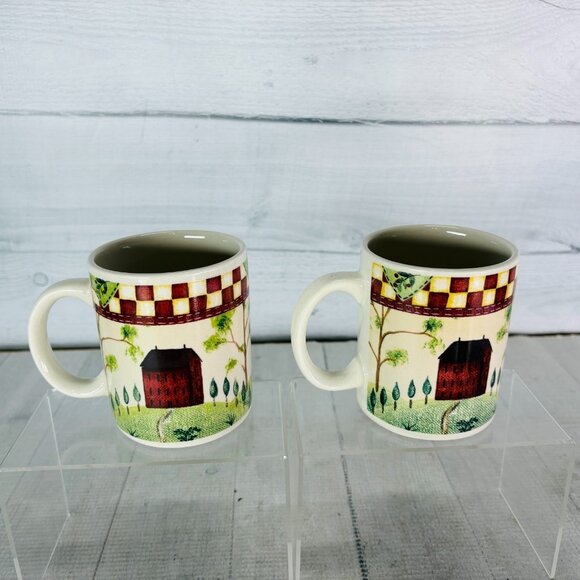 Thomson Pottery COUNTRY HOME Red White Check Farmhouse Tree 10 oz Cup Mugs Set 2 - Picture 2 of 15